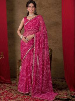 SATRANI - Pink Bandhani Printed Sequins Embroidery Lace Chiffon Saree