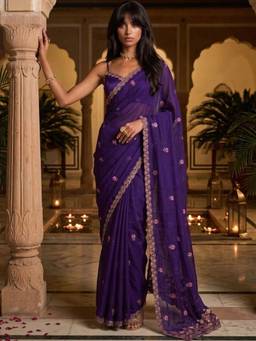SATRANI - Dark Purple Embroidery Scalloped Border Georgette Saree