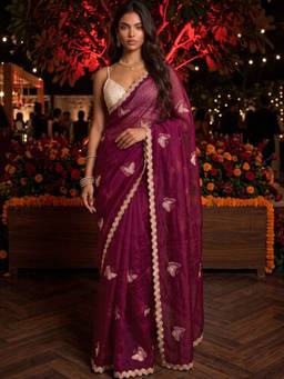 SATRANI - Wine Sequins Embroidery Hand Work Lace Tissue Silk Saree