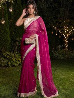 SATRANI - Dark Pink Embroidery Sequins Work Lace Tissue Silk Saree