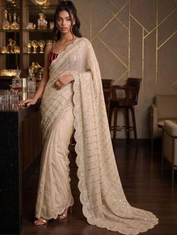 SATRANI - Beige Sequins Embroidery Scalloped Border Georgette Saree