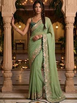 SATRANI - Green Sequins Embroidery Georgette Saree