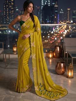 SATRANI - Dark Mustard Embroidery Scalloped Border Georgette Saree