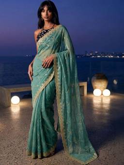 SATRANI - Light Teal Blue Embroidery Scalloped Border Georgette Saree