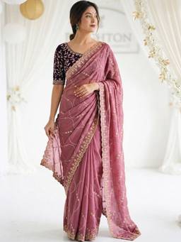 SATRANI - Mauve Embroidery Scalloped Border Shimmer Georgette Saree