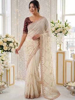 SATRANI - Off-White Embroidery Scalloped Border Shimmer Georgette Saree