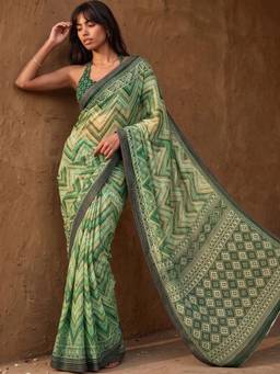 SATRANI - Dark Green Beige Printed Lace Georgette Saree