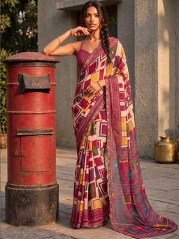SATRANI - Pink Printed Lace Georgette Saree