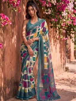 SATRANI - Green Printed Lace Georgette Saree