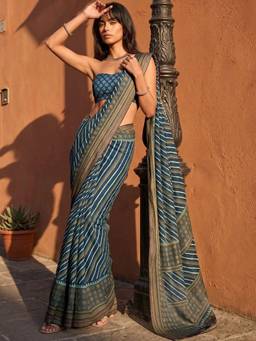 SATRANI - Rama Blue Printed Lace Georgette Saree