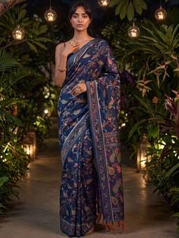 SATRANI - Navy Blue Weaving Tassels Silk Saree