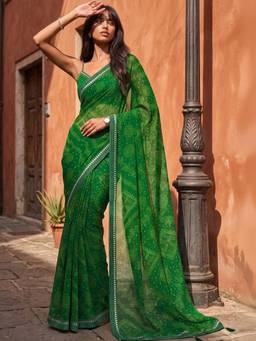 SATRANI - Green Bandhani Printed Lace Tassels Georgette Saree