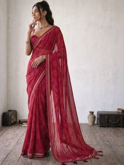 SATRANI - Rani Pink Bandhani Printed Lace Tassels Georgette Saree