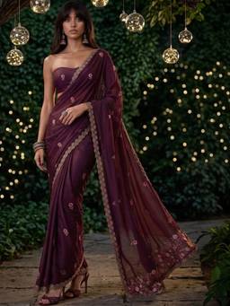 SATRANI - Wine Embroidery Scalloped Border Shimmer Georgette Saree