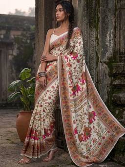 SATRANI - White Printed Foil Printed Silk Saree