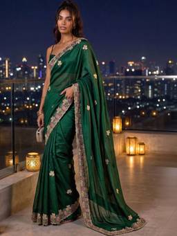 SATRANI - Green Embroidery Scalloped Border Georgette Saree