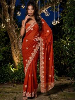 SATRANI - Rust Embroidery Stone Work Scalloped Border Georgette Saree