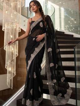 SATRANI - Black Embroidery Stone Work Tissue Silk Saree