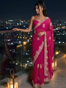 SATRANI - Rani Pink Embroidery Stone Work Tissue Silk Saree