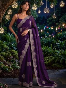 SATRANI - Dark Purple Embroidery Tissue Silk Saree