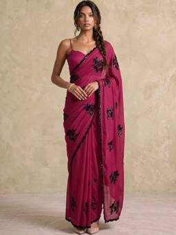 SATRANI - Pink Sequins Embroidery Scalloped Border Georgette Saree