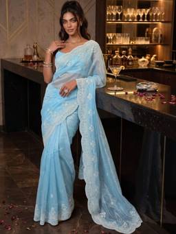 SATRANI - Light Blue Embroidery Scalloped Border Net Saree