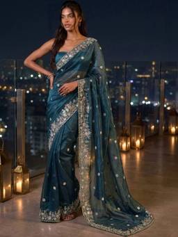 SATRANI - Blue Sequins Embroidery Tissue Silk Saree