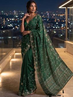 SATRANI - Dark Green Embroidery Chanderi Saree