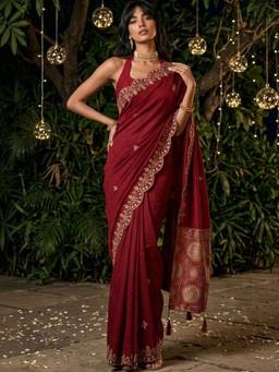 SATRANI - Maroon Sequins Embroidery Scalloped Border Chanderi Saree