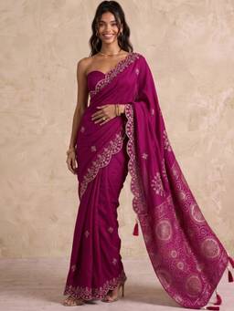 SATRANI - Rani Pink Sequins Embroidery Chanderi Saree