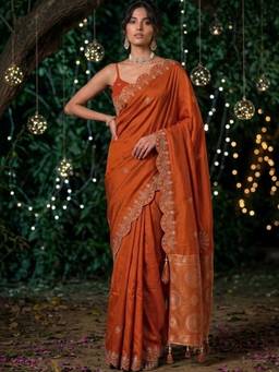 SATRANI - Rust Sequins Embroidery Chanderi Saree
