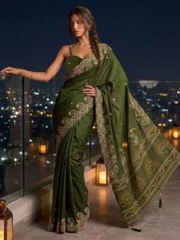 SATRANI - Mehandi Green Sequins Embroidery Chanderi Saree