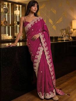 SATRANI - Rani Pink Sequins Embroidery Scalloped Border Chanderi Saree