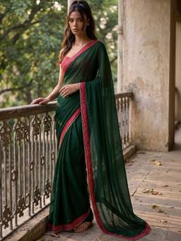SATRANI - Dark Green Lace Silk Saree