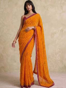 SATRANI - Orange Bandhani Printed Lace Tassele Georgette Saree
