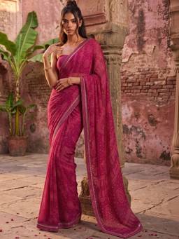 SATRANI - Rani Pink Bandhani Printed Lace Tassele Georgette Saree