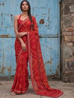 SATRANI - Red Bandhani Printed Lace Tassele Georgette Saree