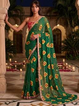 SATRANI - Green Bandhani Printed Sequins Embroidery Lace Chiffon Saree