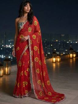 SATRANI - Red Bandhani Printed Sequins Embroidery Lace Chiffon Saree