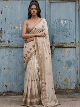 SATRANI - Beige Embroidery Weaving Tassels Chanderi Saree