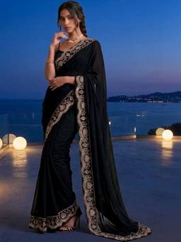 SATRANI - Black Sequence Embroidery Lace Vichitra Silk Saree