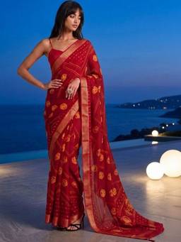 SATRANI - Dark Red Bandhani Printed Lace Tassels Georgette Saree