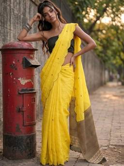 SATRANI - Yellow Mirror Work Printed Scalloped Border Linen Saree