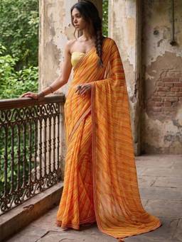 SATRANI - Turmeric Yellow Printed Lace Tassels Georgette Saree