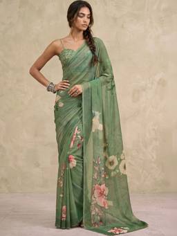 SATRANI - Dusty Green Printed Georgette Saree