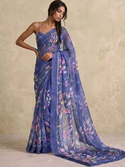 SATRANI - Blue Printed Zari Stripe Georgette Saree