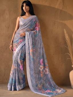 SATRANI - Dusty Lavender Printed Zari Stripe Georgette Saree