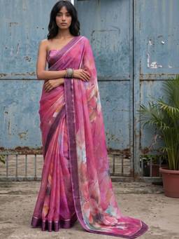 SATRANI - Purple Printed Zari Stripe Georgette Saree