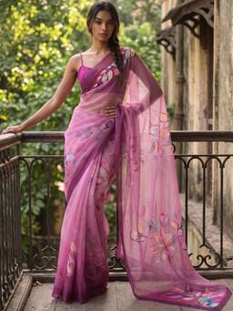 SATRANI - Dusty Mauve Floral Printed Georgette Saree