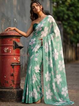 SATRANI - Mint Green Floral Printed Chiffon Saree